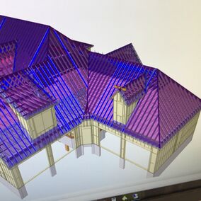 A 3D rendering of a house plan for a custom home. To the right of the image is a list of materials for each section of the model.