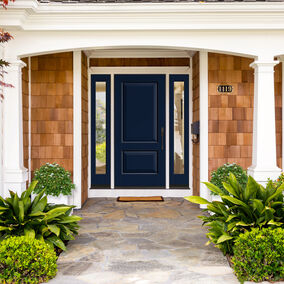 Pictured is a navy exterior door from REEB