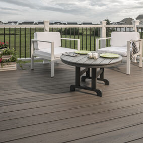 Trex Decking ENHANCE Naturals In Rocky Harbor Transcend Railing in Classic White with Black Round Balusters